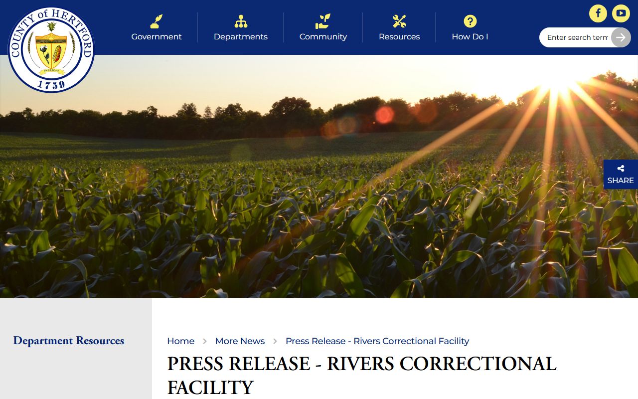 Hertford County Rivers Facility press release for correctional facility history