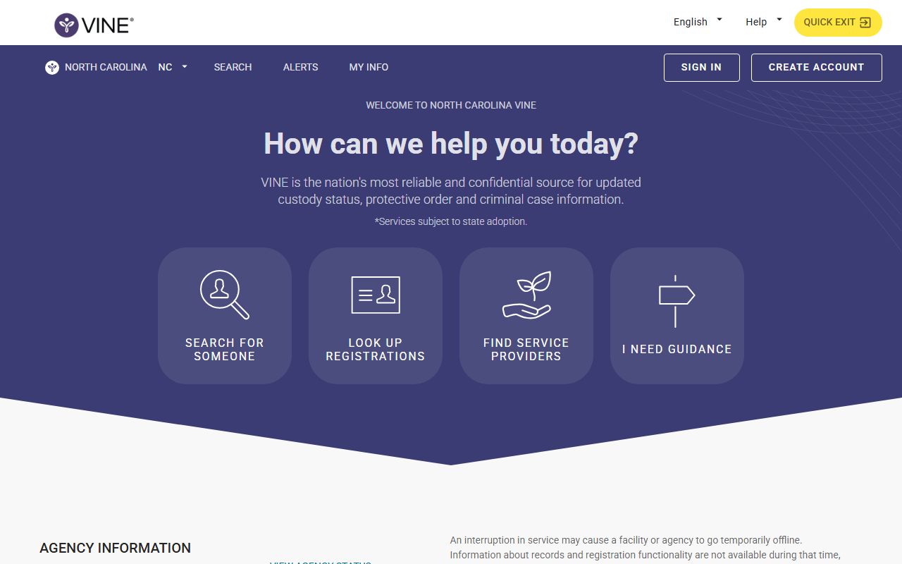 North Carolina VINELink portal for custody status and notifications