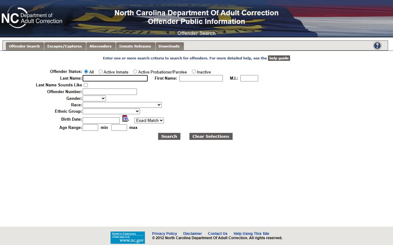 North Carolina NCDAC Offender Public Information Search fields