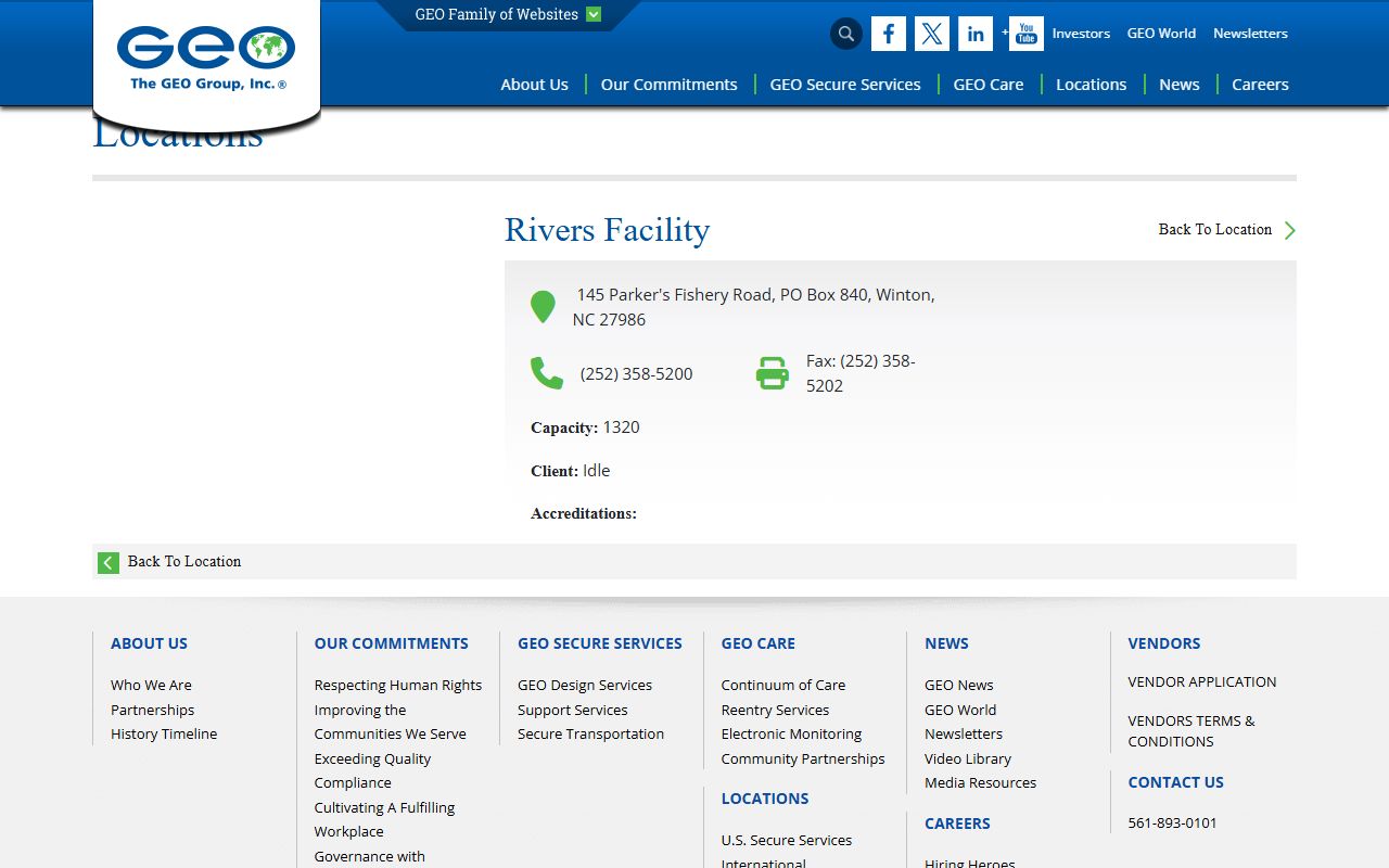 Rivers Facility GEO page with capacity and Idle status for inmate lookup context